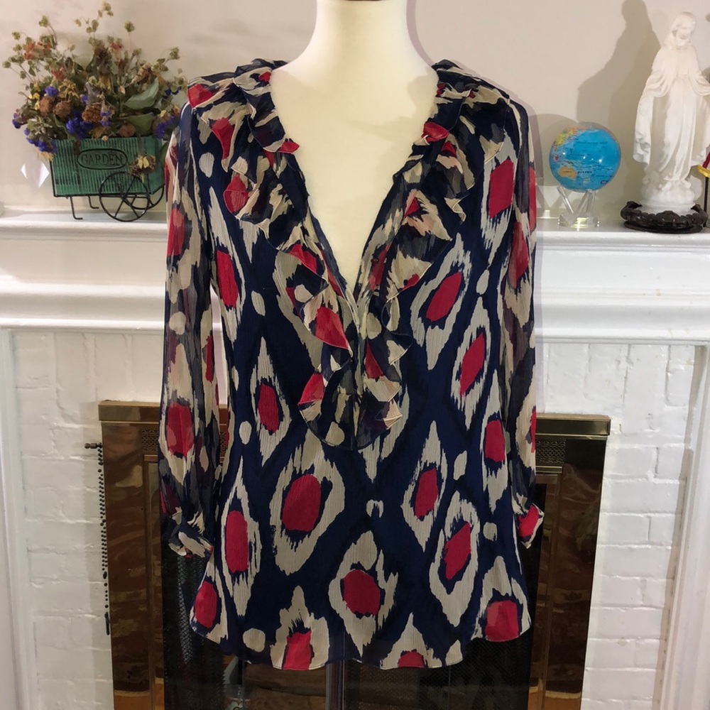 🌻Diane von Furstenberg Navy Red Beige Silk Aztec